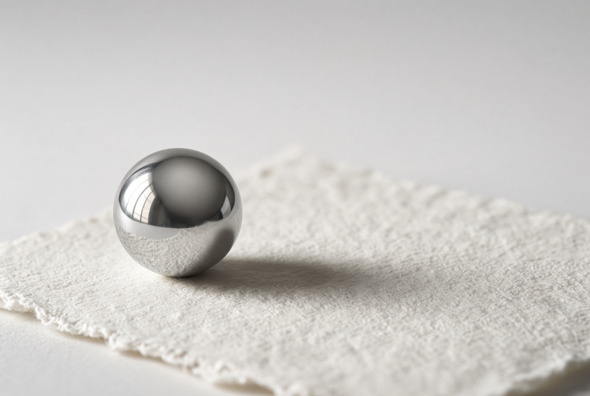 A polished silver sphere resting on a sheet of cotton paper, in soft light.