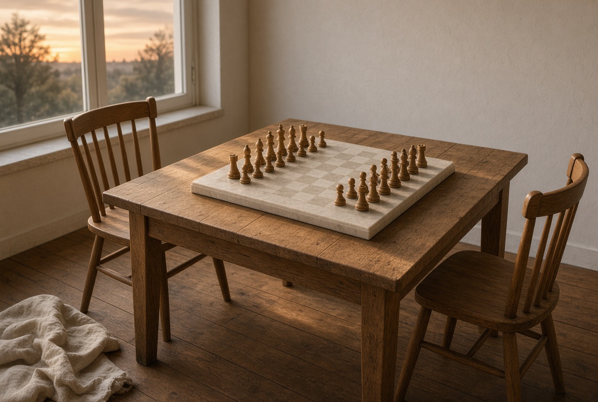A wooden table by a window at sunset, two chairs, and a chessboard with the pieces set.