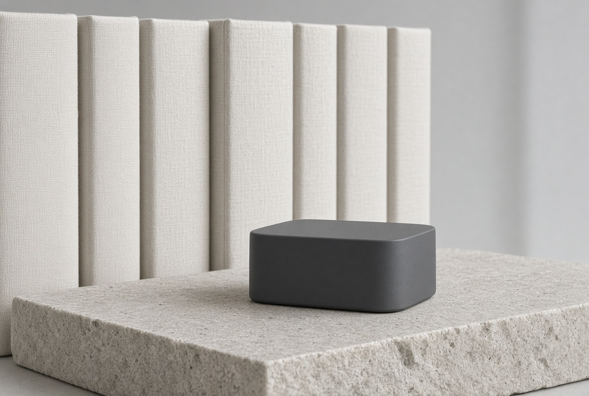 A small matte computer on a block of pale stone, linen-bound volumes standing behind it.