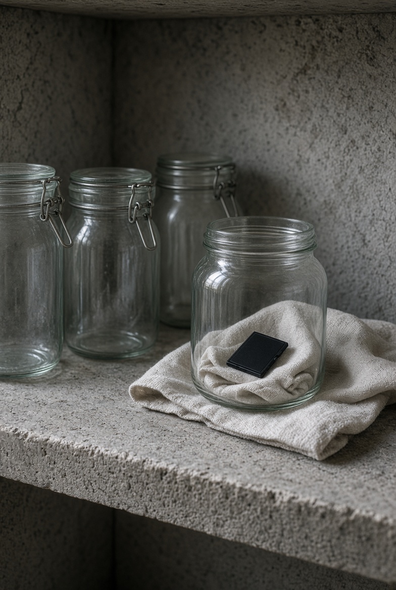 Glass preserving jars on a stone cellar shelf; a memory card rests on linen in the front jar.