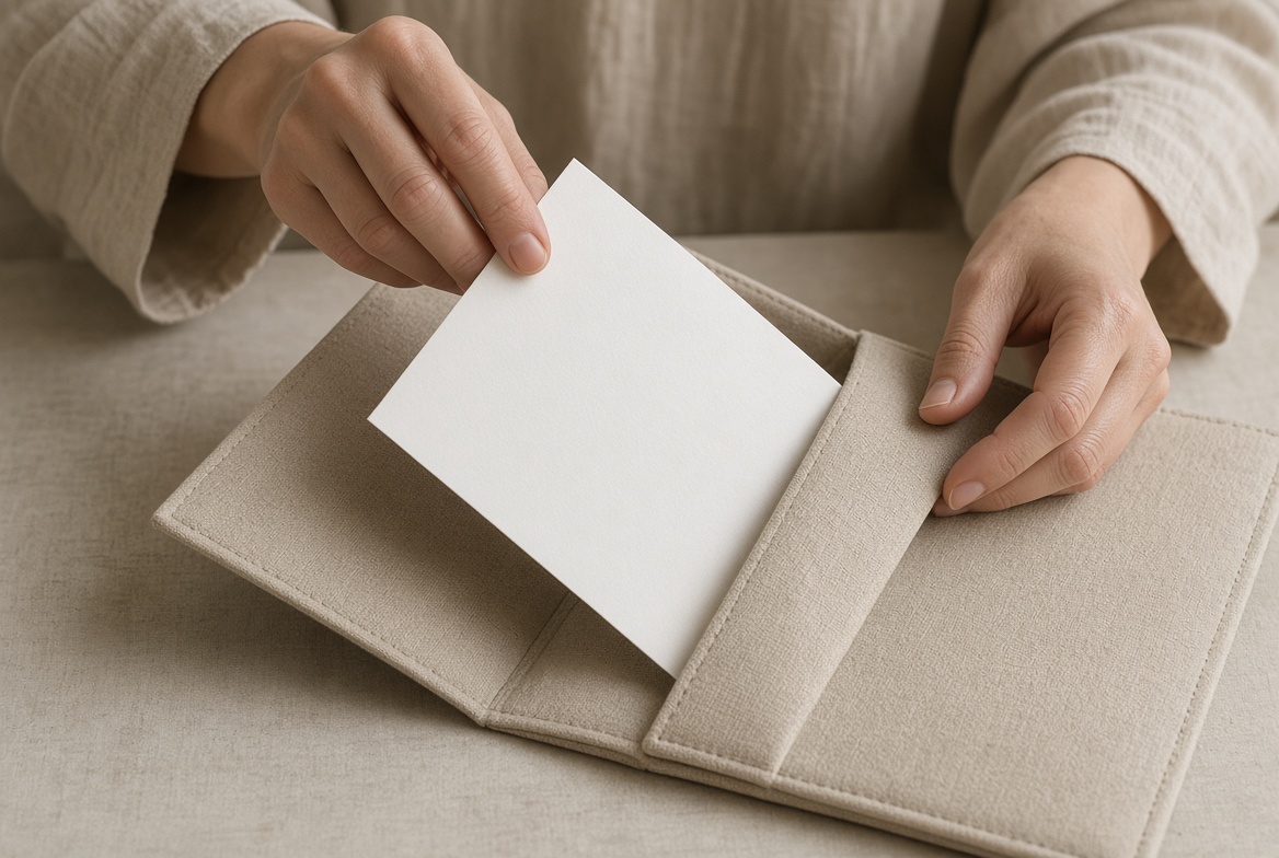 Two hands in linen sleeves, one drawing a sheet of paper from a linen folder.